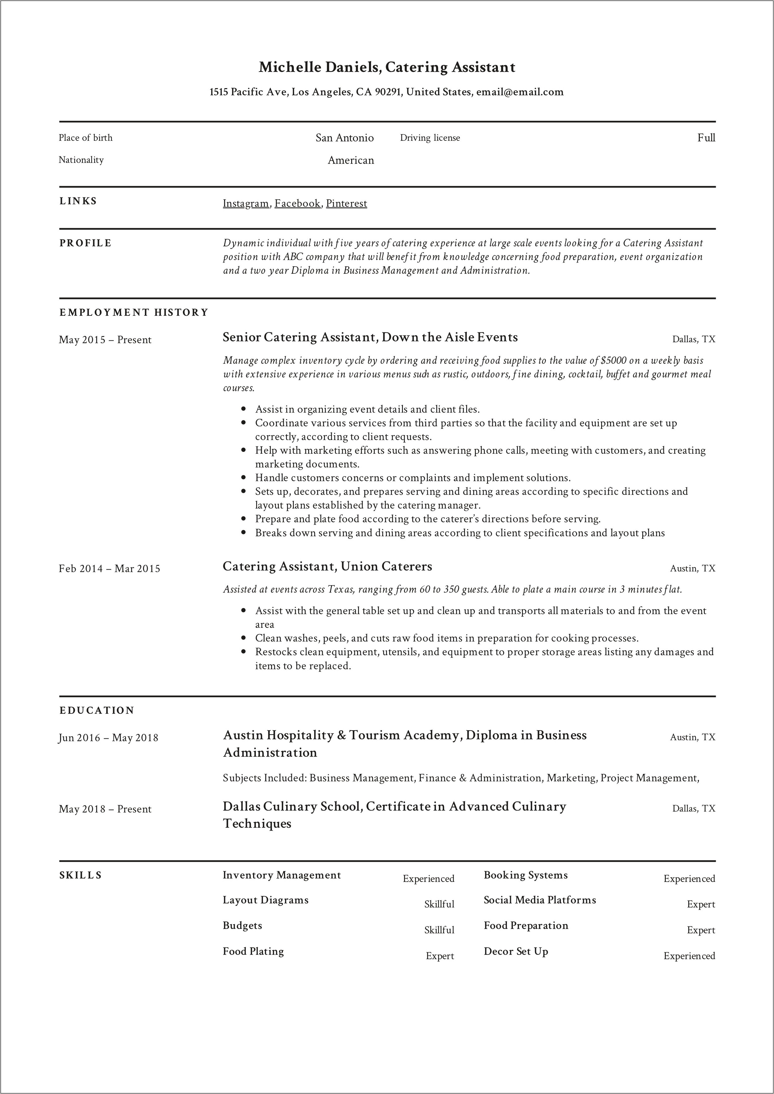 Resume Example Of A Catering Supervisor