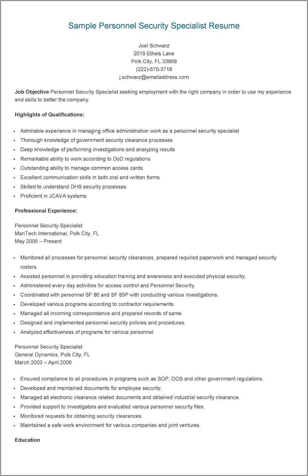 Resume Example Physical Security Access Control