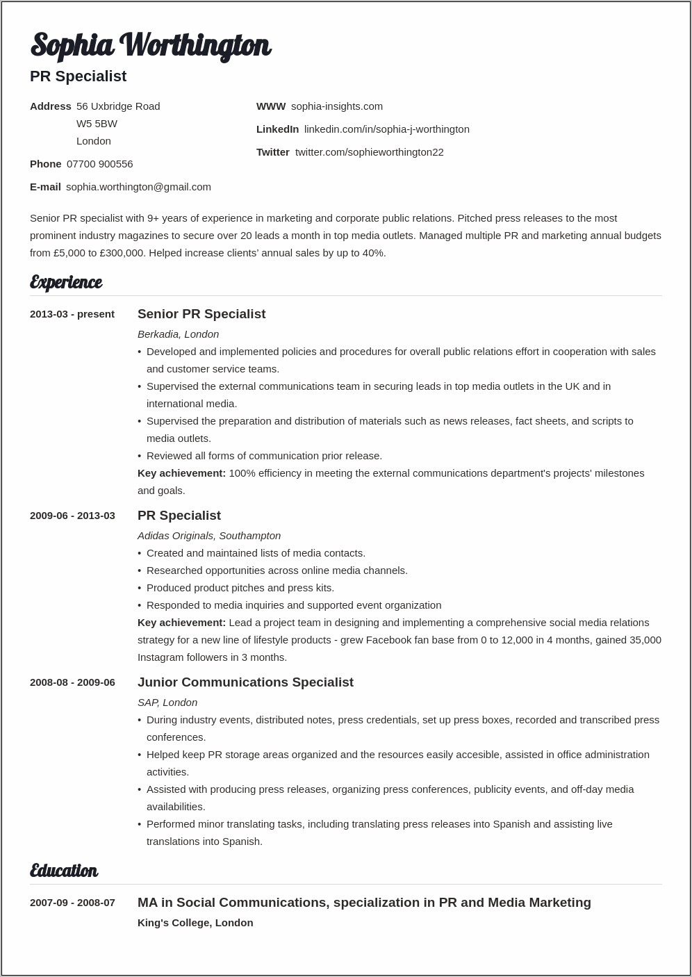 Resume Example With A Profile Section