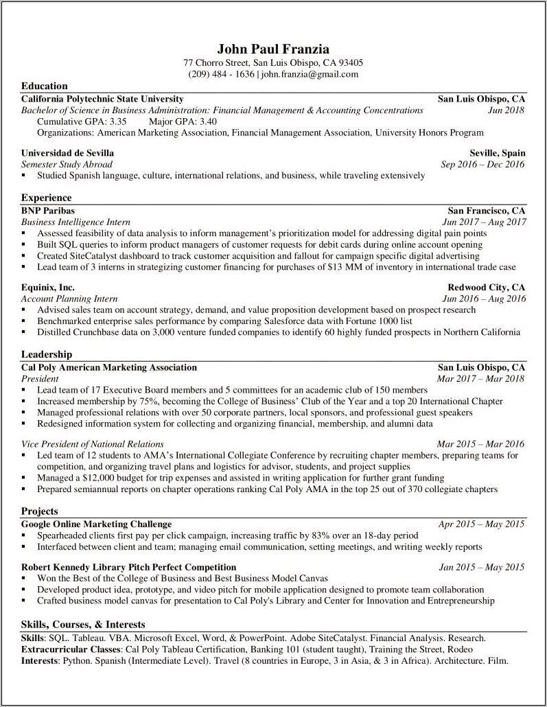 Resume Examples 2016 For College Students