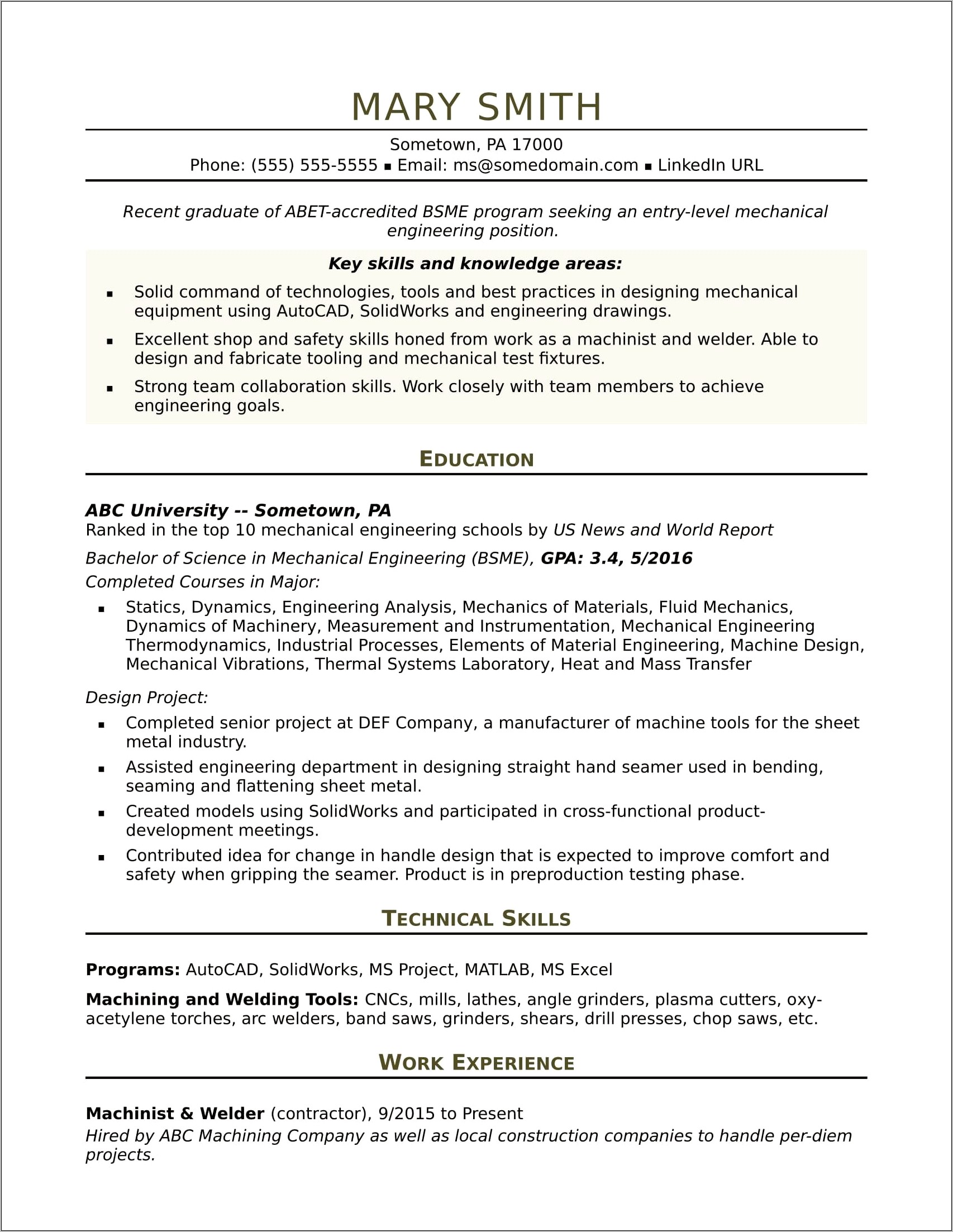 Resume Examples 2019 For Mechanical Engineers