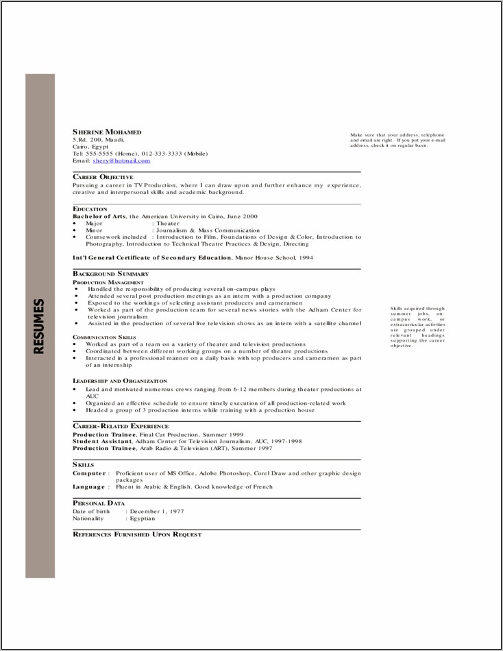 Resume Examples Assistant At Production Companies