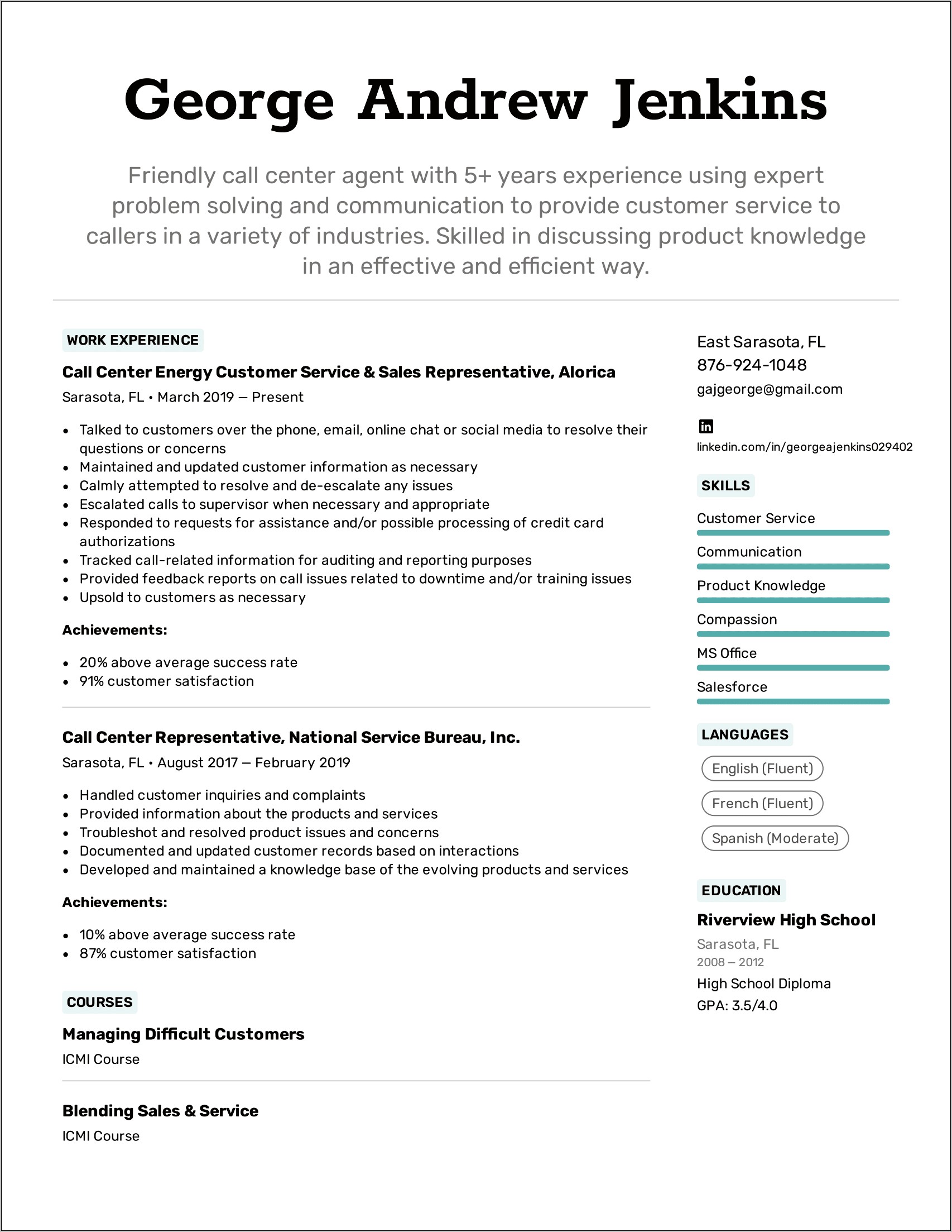 Resume Examples Customer Service Call Center
