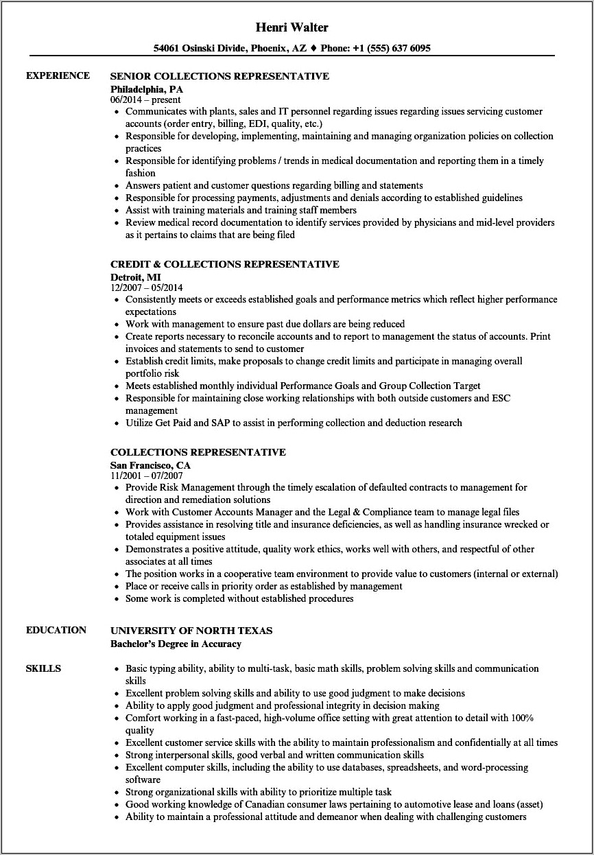 Resume Examples For A Dect Collector Postion