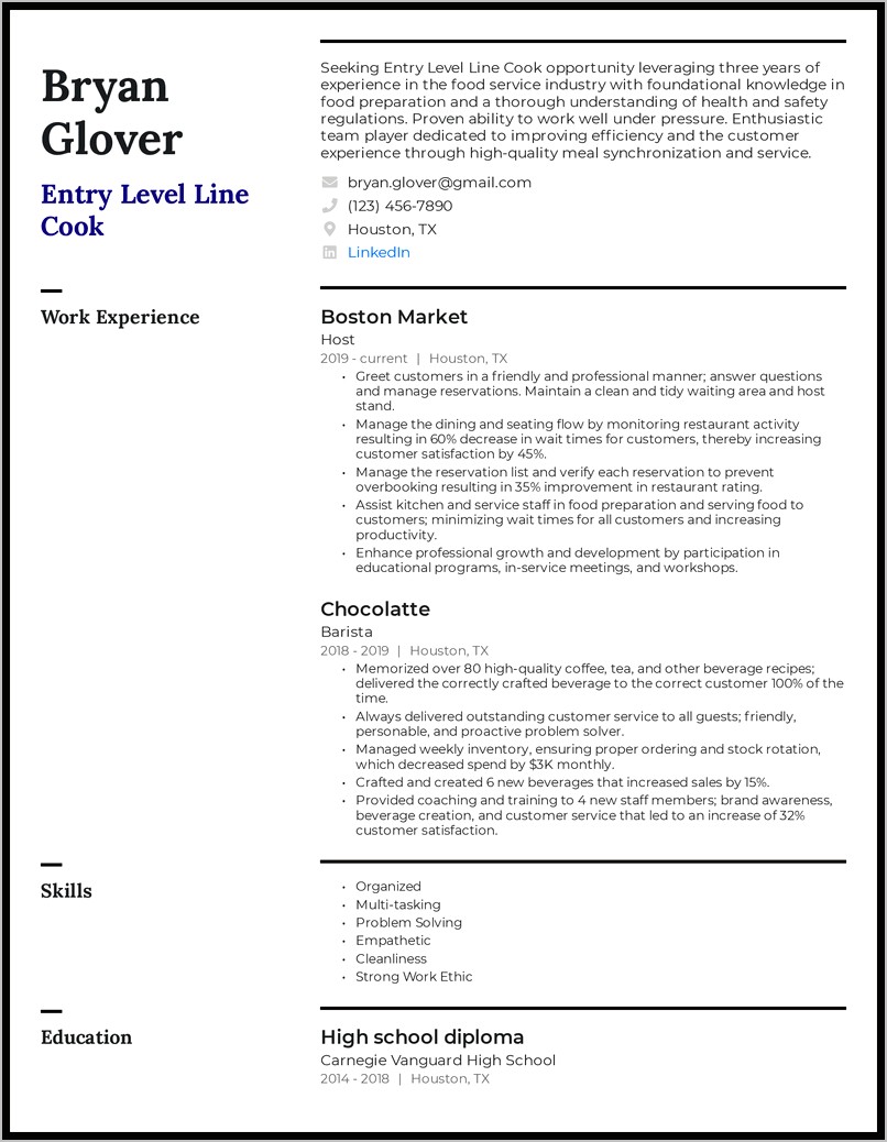 Resume Examples For A Line Cook