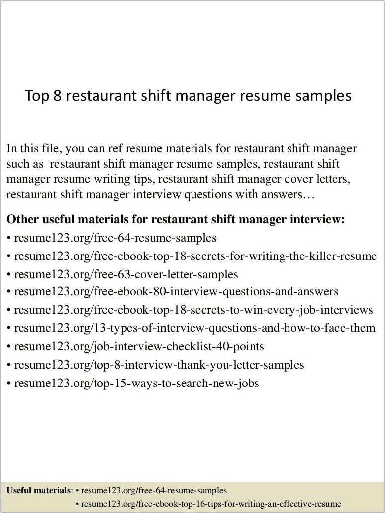 Resume Examples For A Restaurant Manager