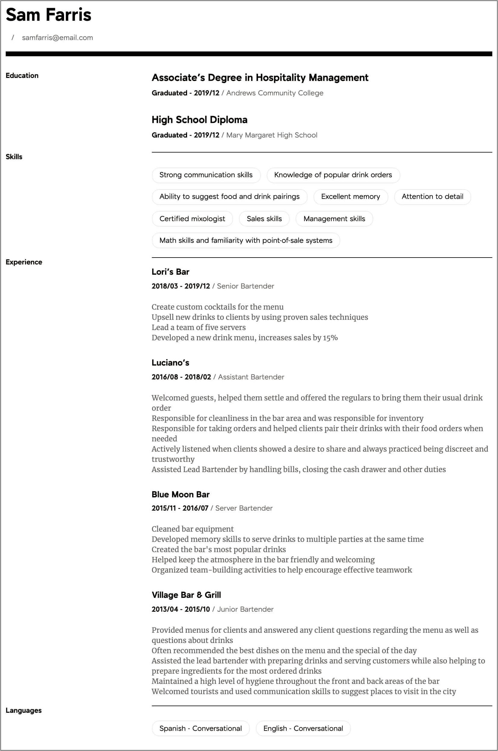 Resume Examples For A Waitress Bartender