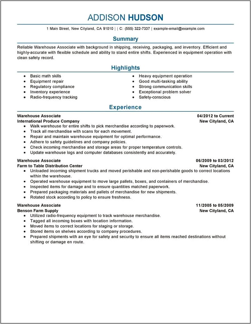 Resume Examples For A Warehouse Job