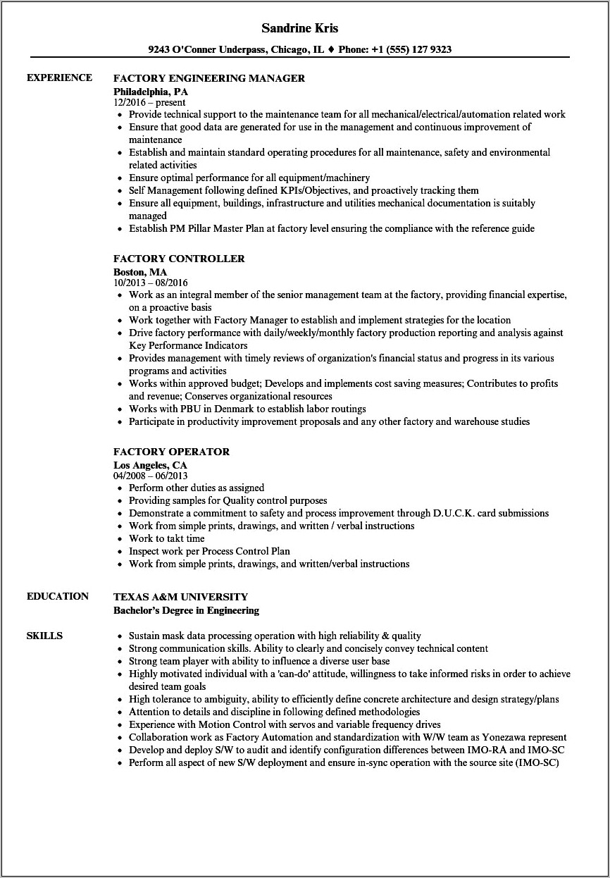 Resume Examples For Assembly Line Worker