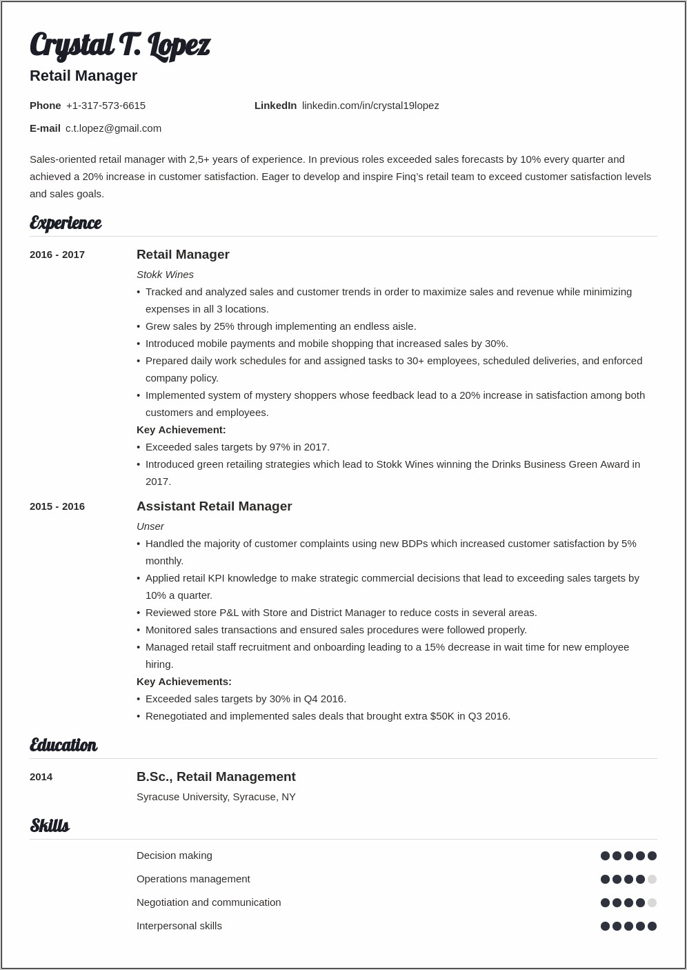 Resume Examples For Assistant Manager Retail