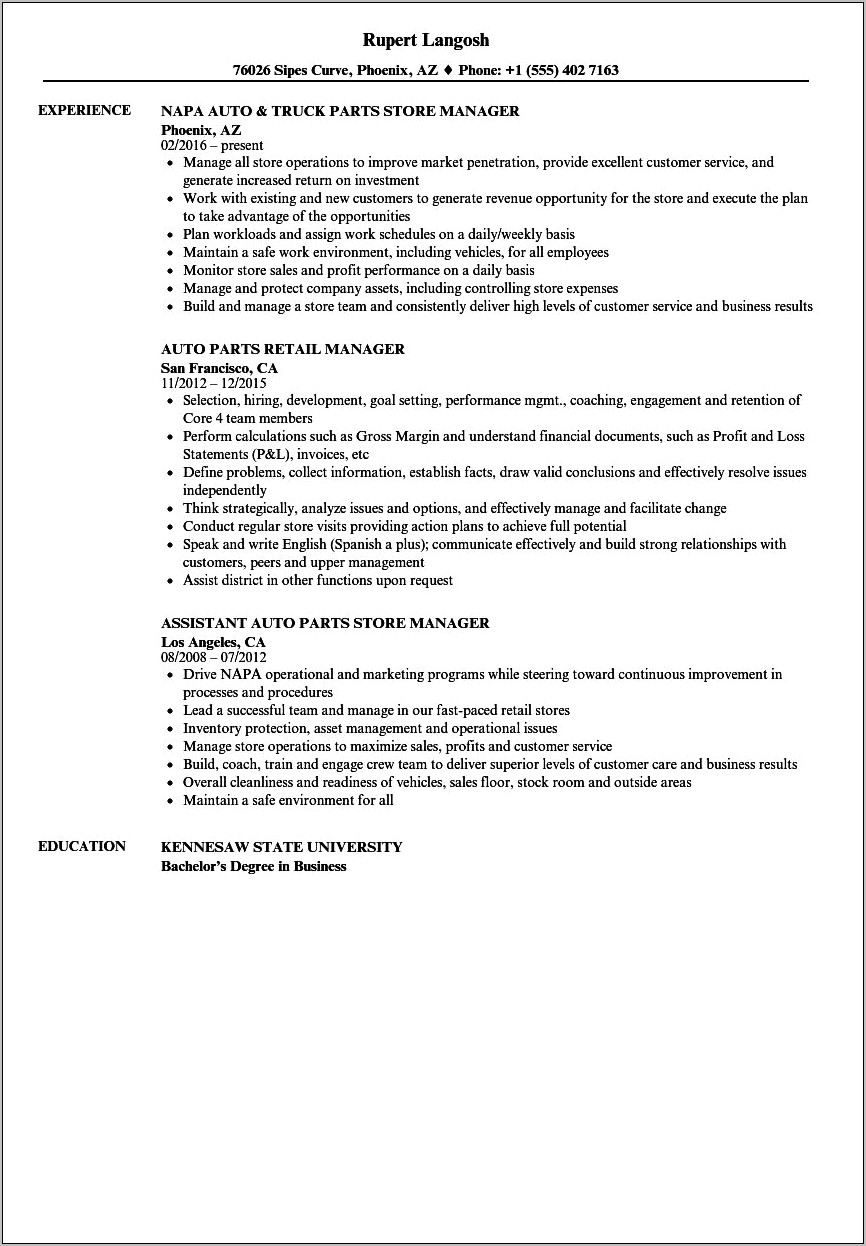 Resume Examples For Auto Parts Sales