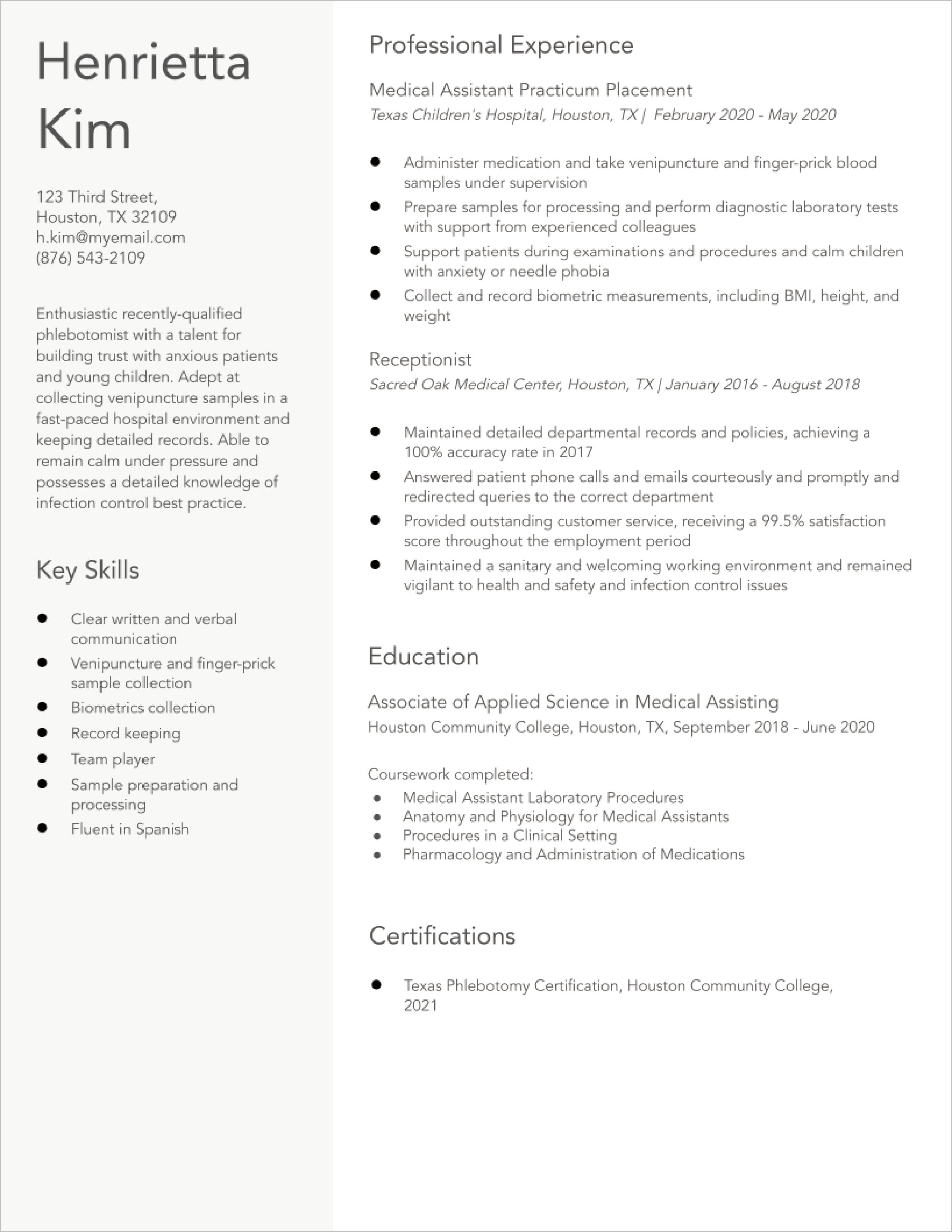 Resume Examples For Blood Center Phlebotomists