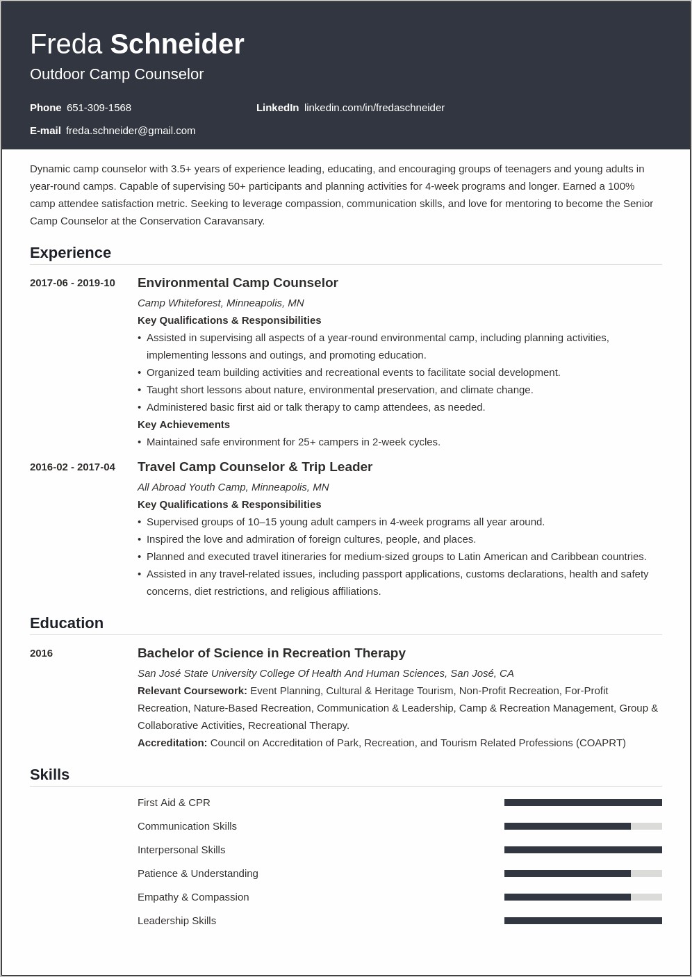 Resume Examples For Camp Counselors