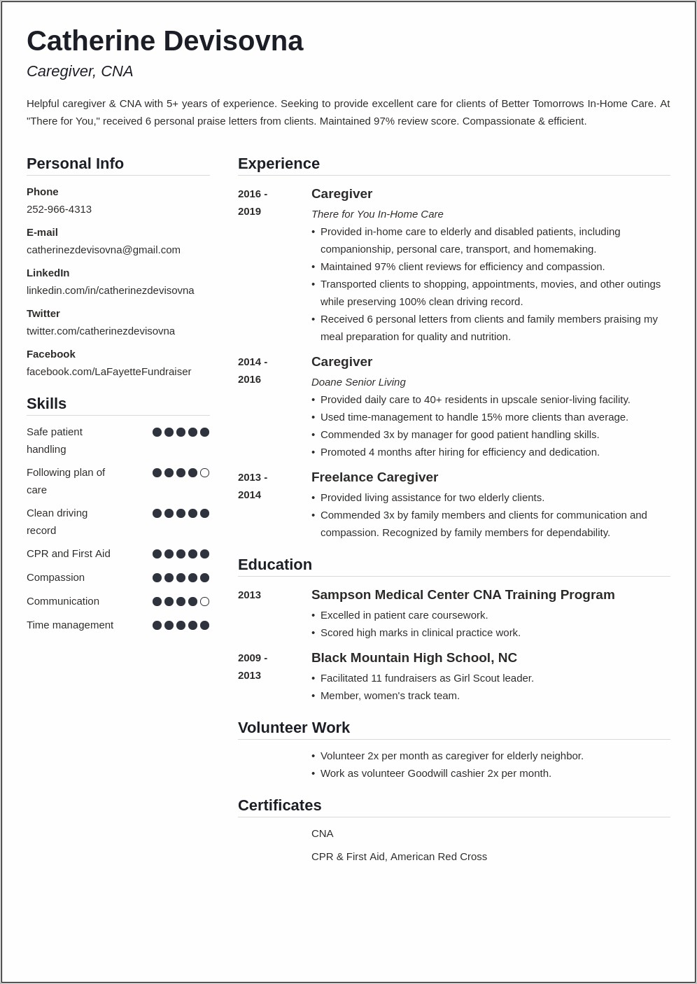 Resume Examples For Caregivers For Family