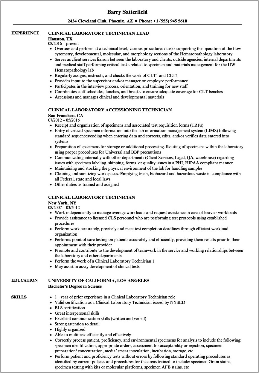 Resume Examples For Clinical Laboratory Scientist In Califonia