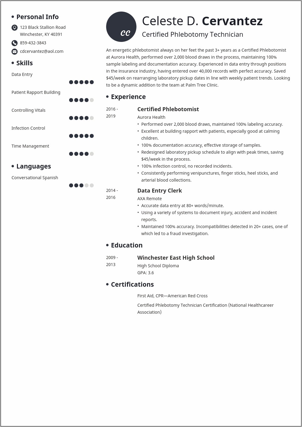 Resume Examples For College Student Phlebotomy