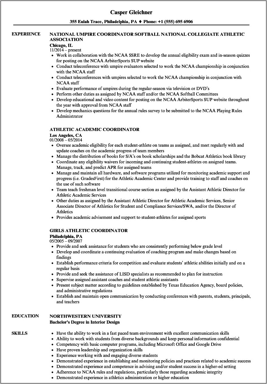 Resume Examples For College Students Athletes