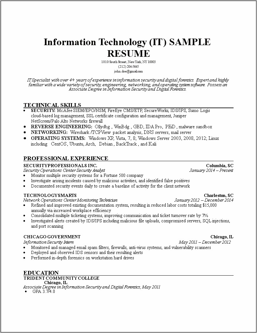 Resume Examples For College Students In Information Technology