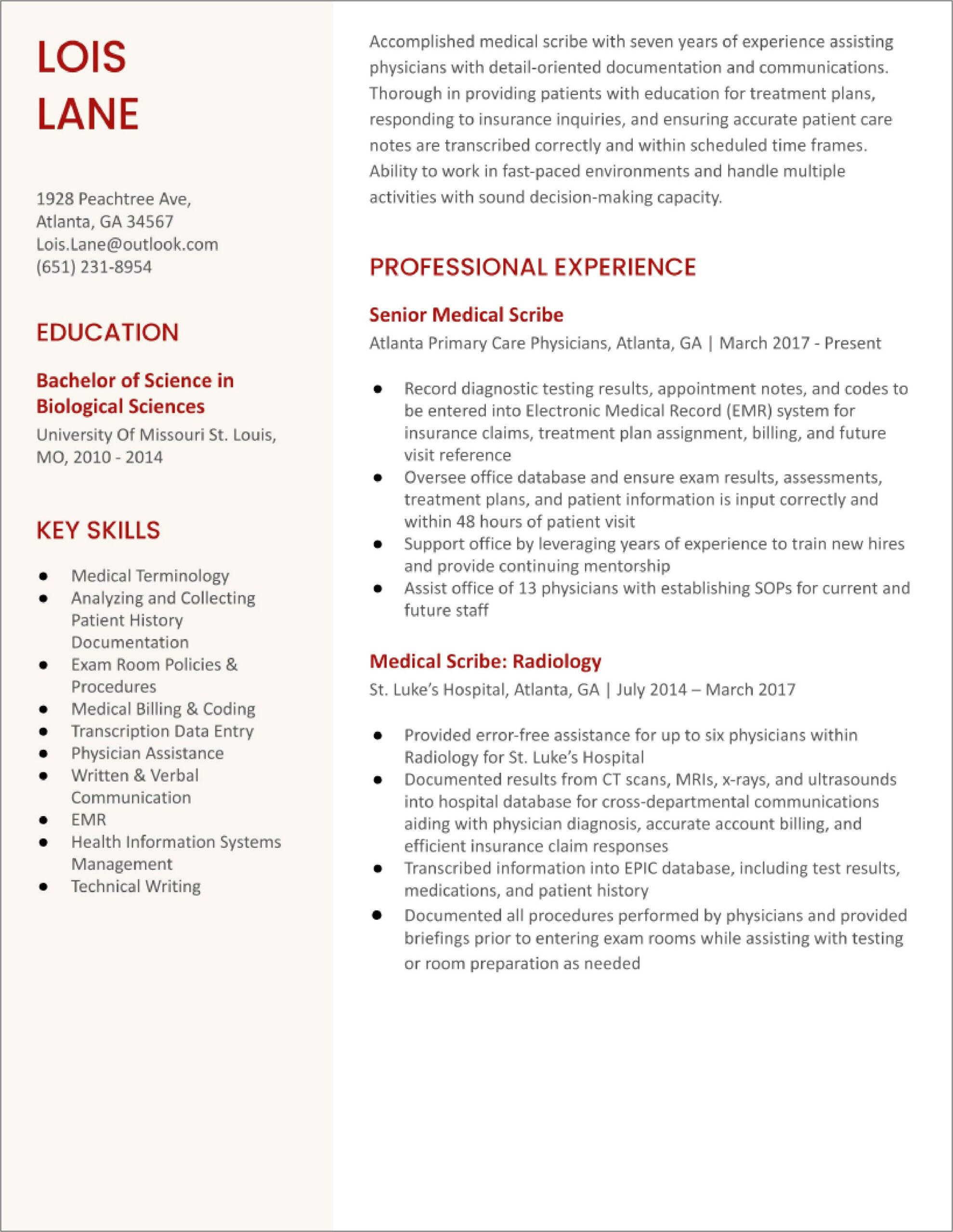 Resume Examples For College Students Medical Scribe