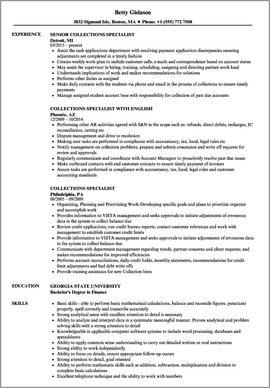 Resume Examples For Customer Service Collections