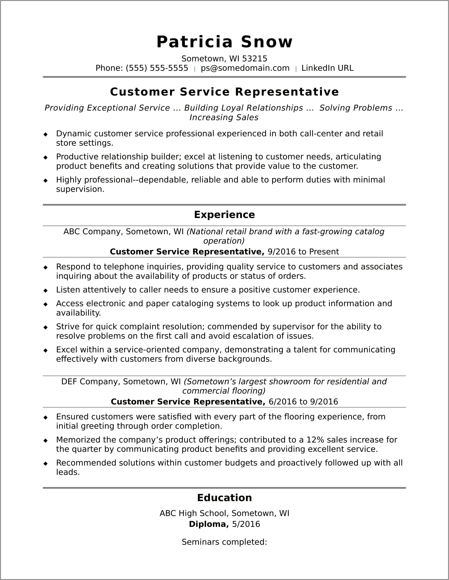 Resume Examples For Customer Service Objective