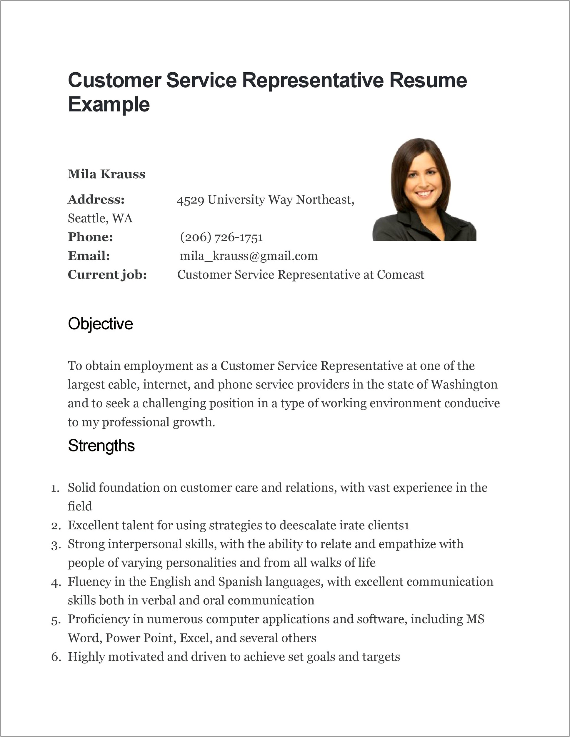 Resume Examples For Customer Service Position