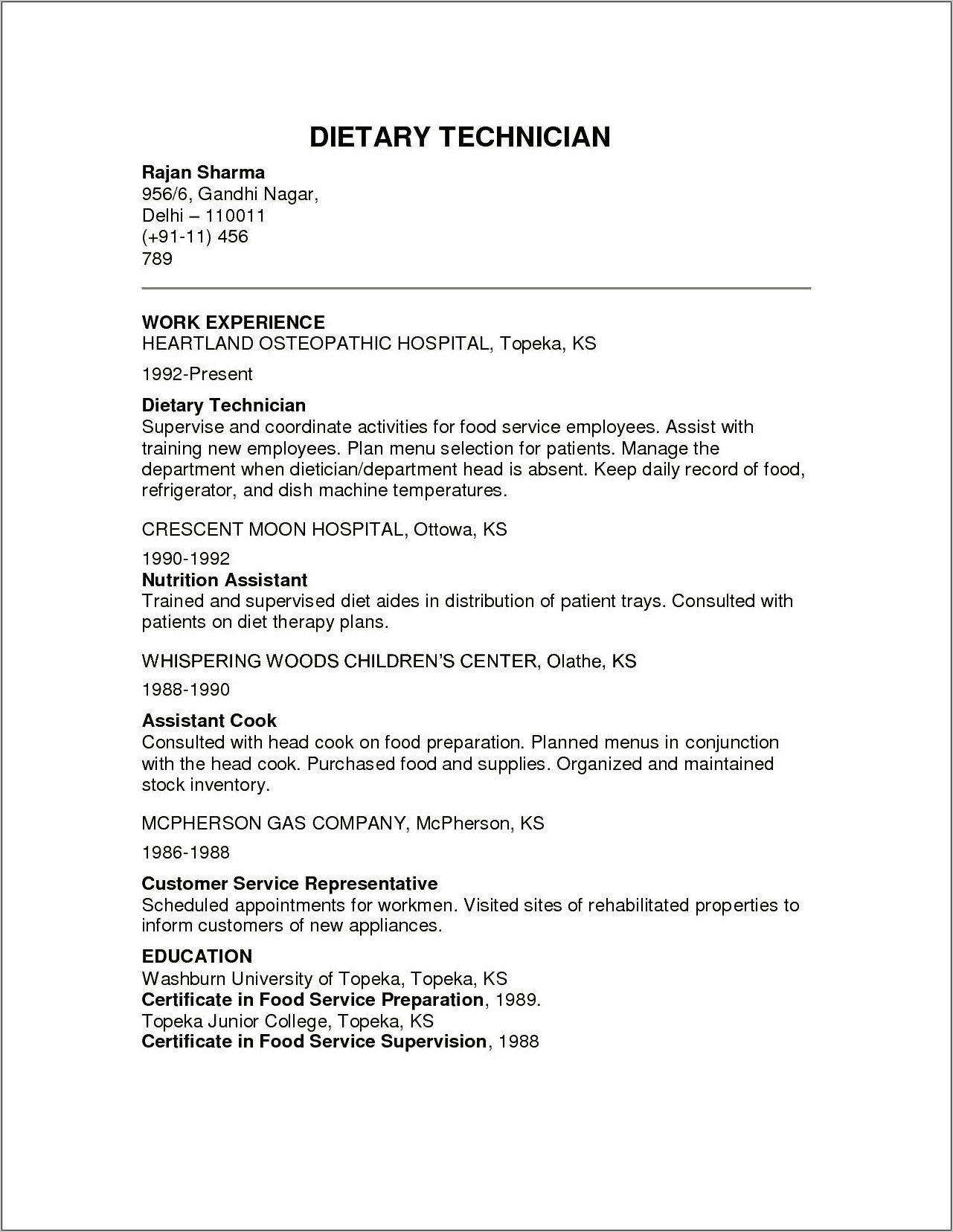 Resume Examples For Dietary Aide