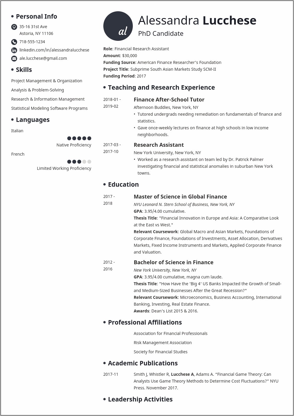 Resume Examples For Doctoral School