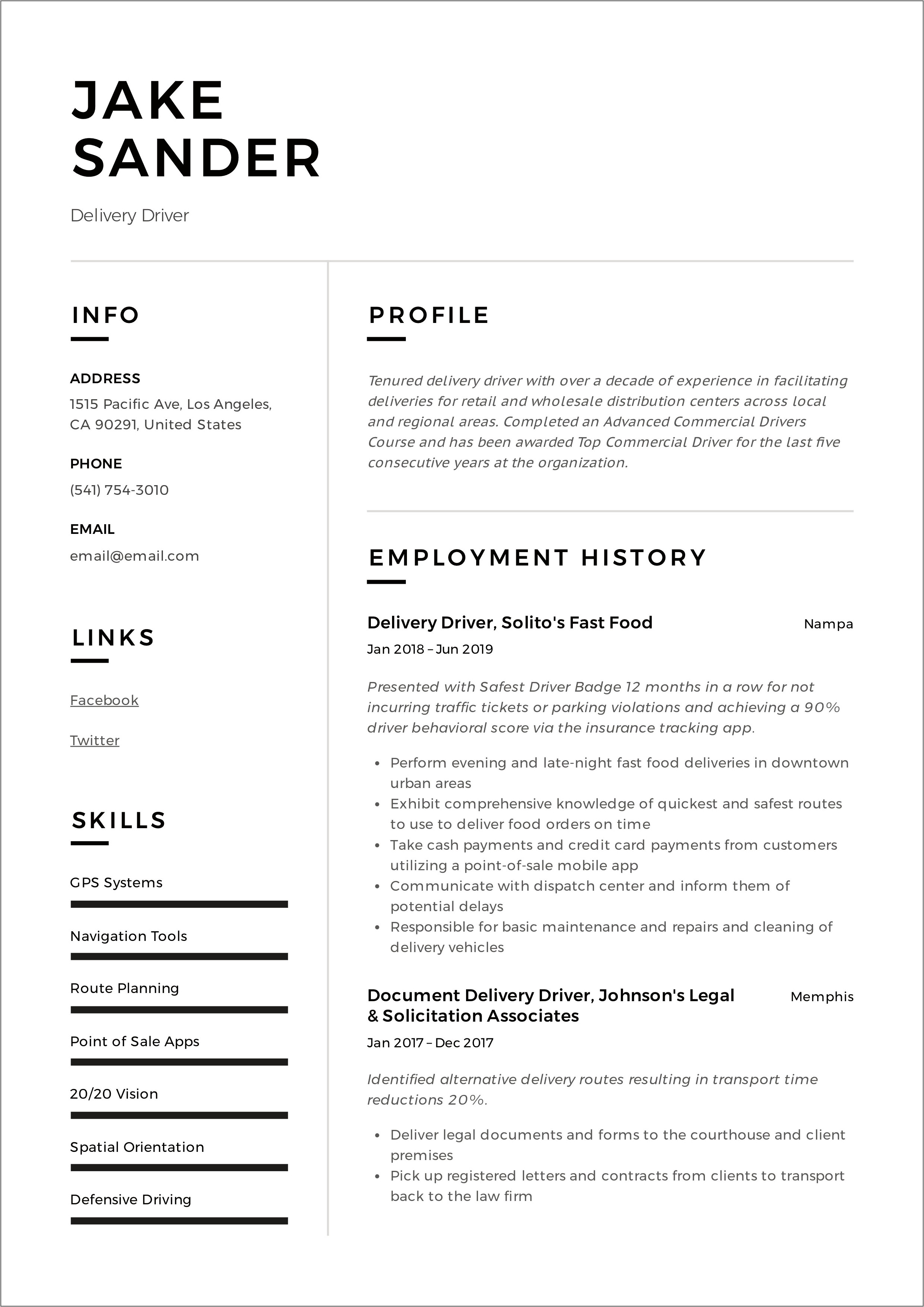 Resume Examples For Driving Jobs