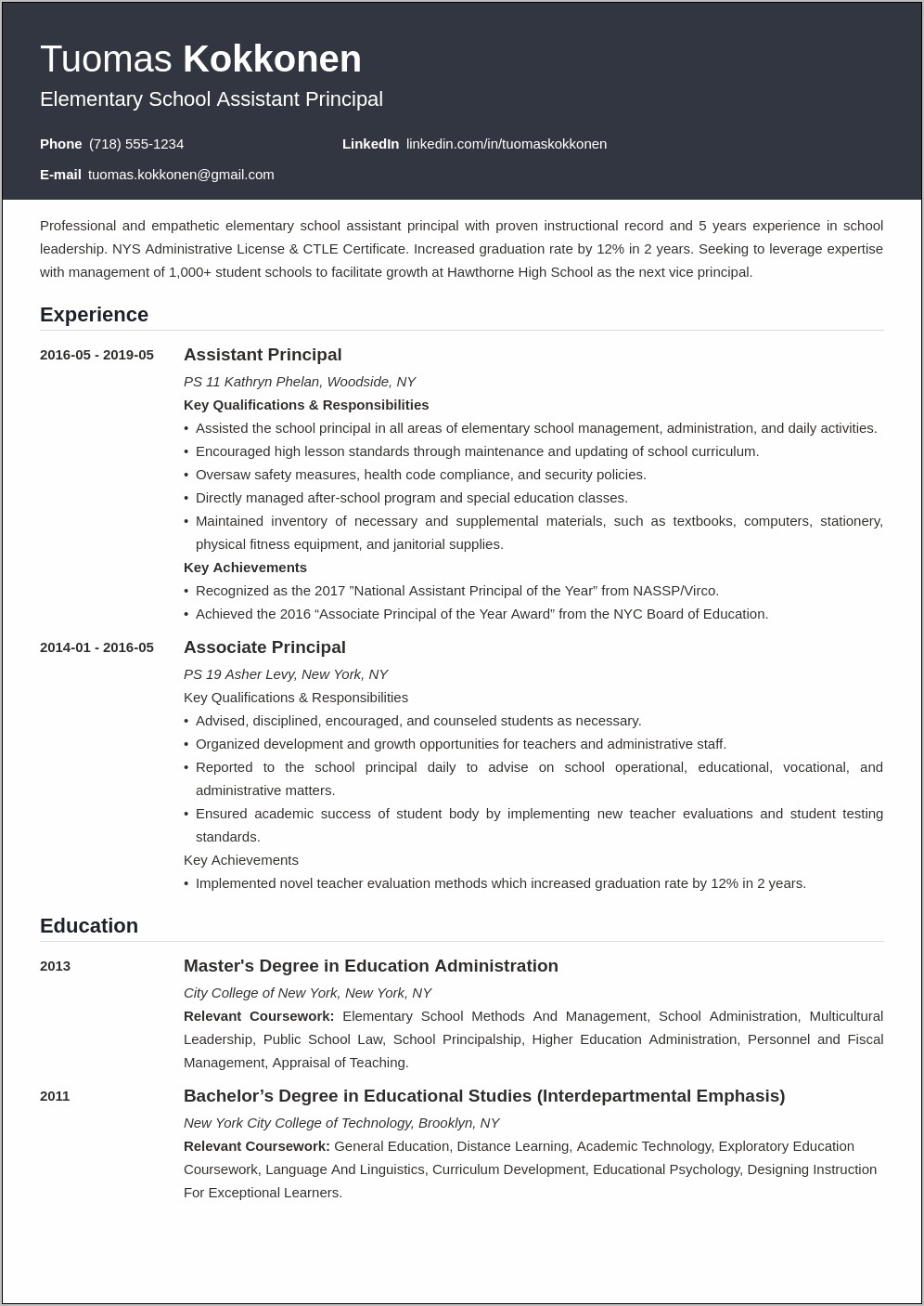 Resume Examples For Elementary Principals