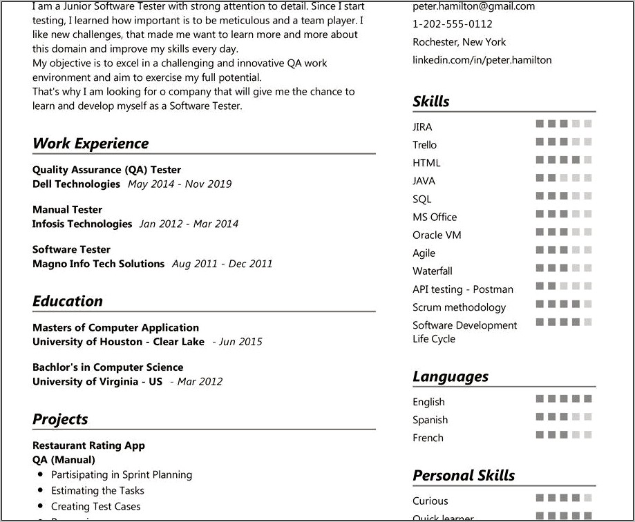 Resume Examples For Entry Level Tester