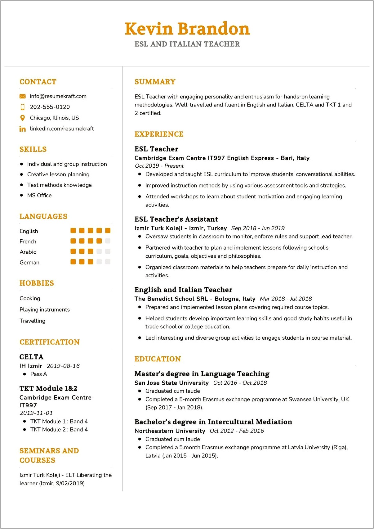Resume Examples For Esl Students
