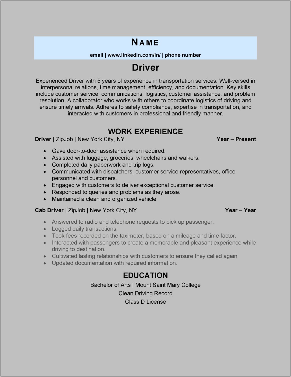 Resume Examples For Experienced Driver