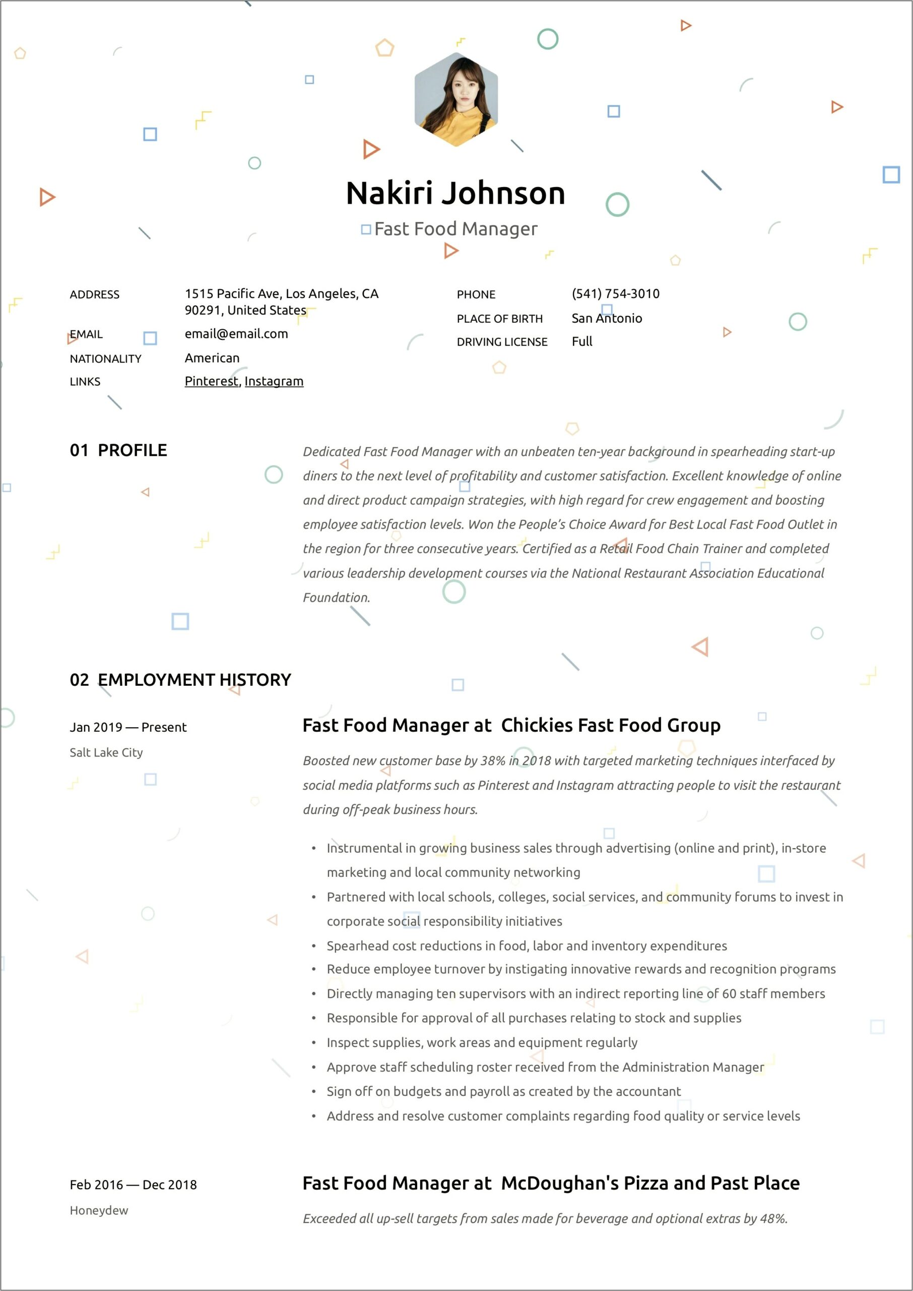 Resume Examples For Fast Food Manager