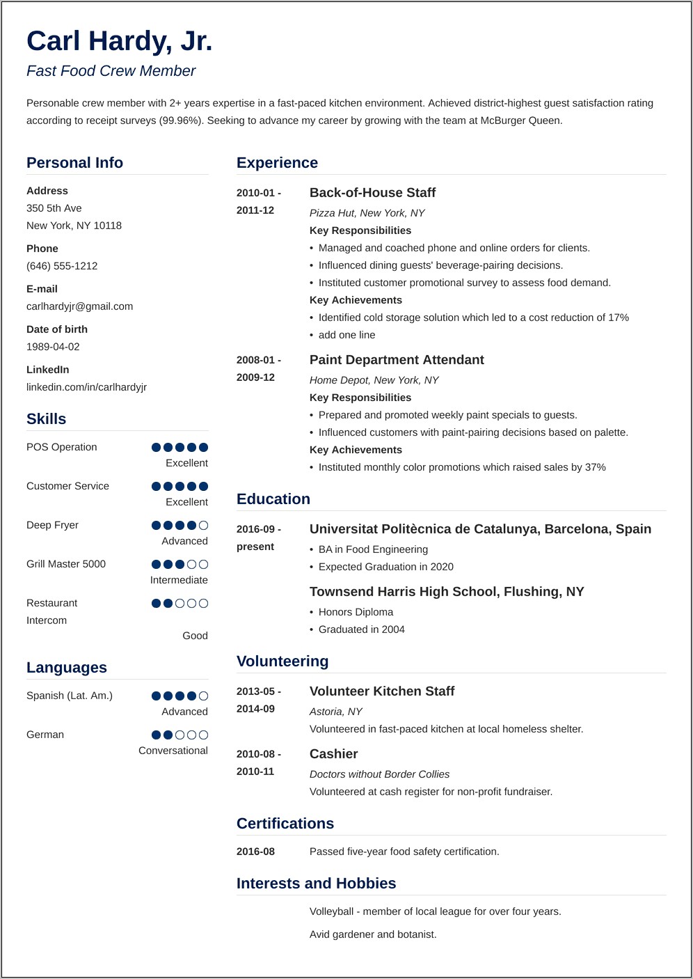 Resume Examples For Fast Food Restaurants For Teens