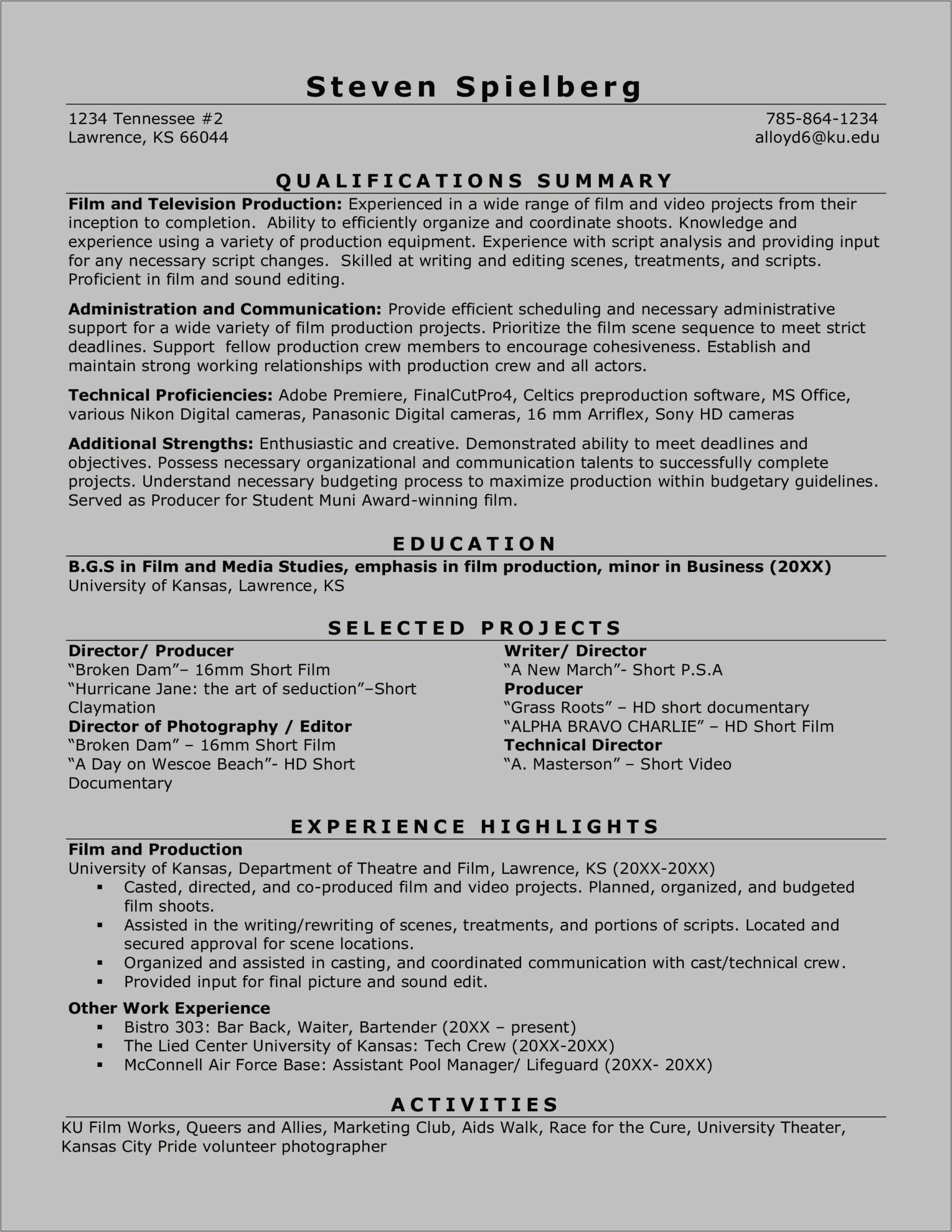 Resume Examples For Film Industry