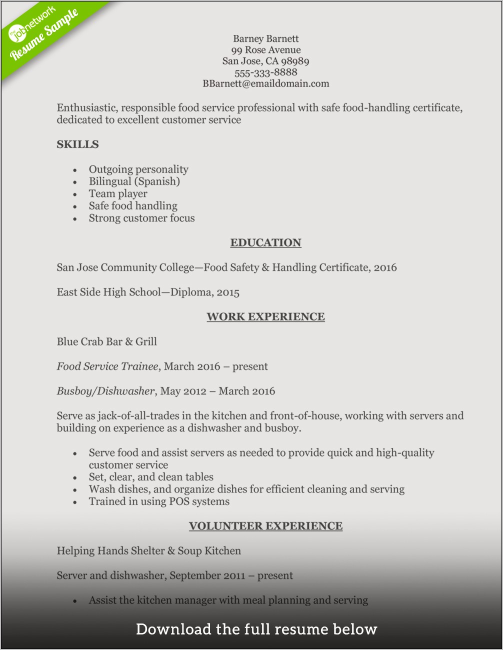 Resume Examples For Food Service Director