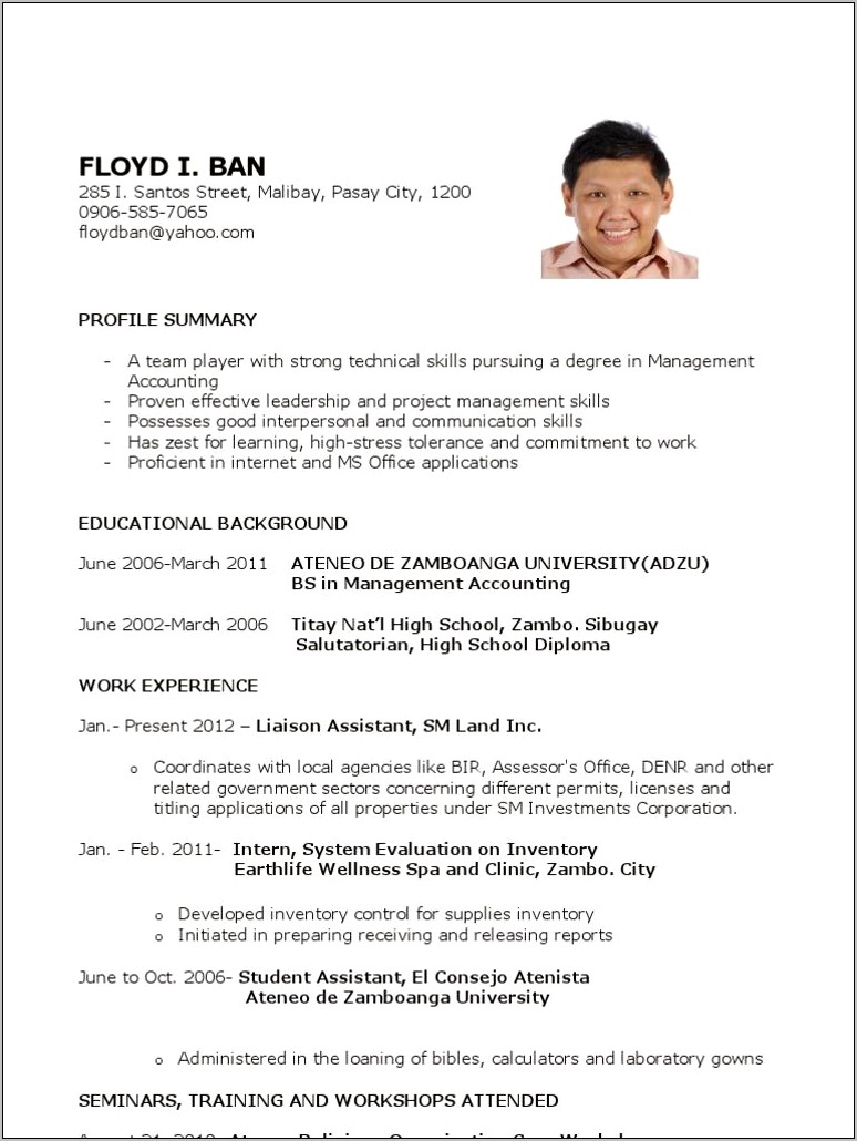 Resume Examples For Fresh Grad It