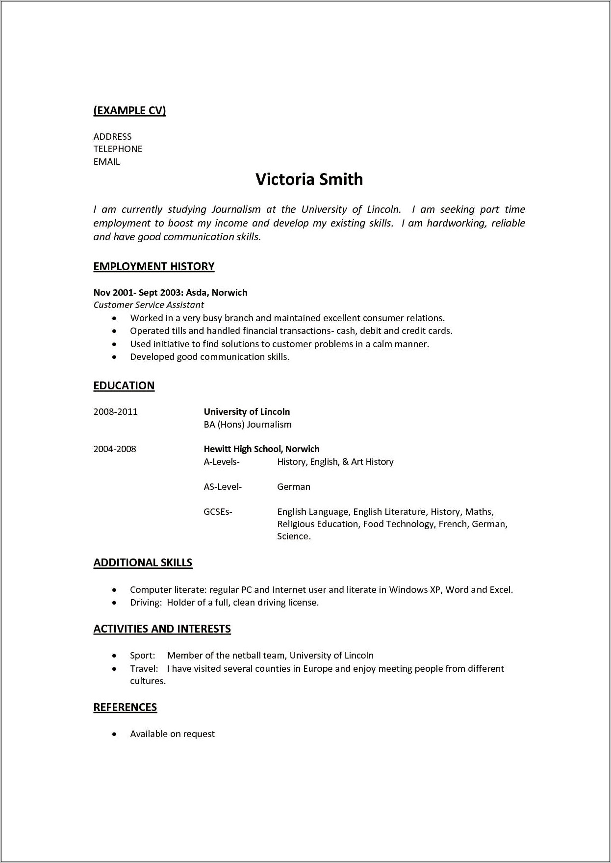 Resume Examples For Freshers With No Work Experience