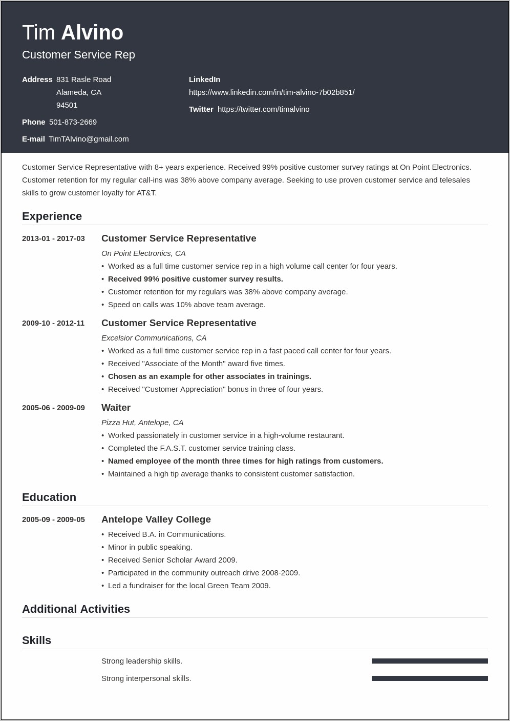 Resume Examples For High Level Of Customer Service