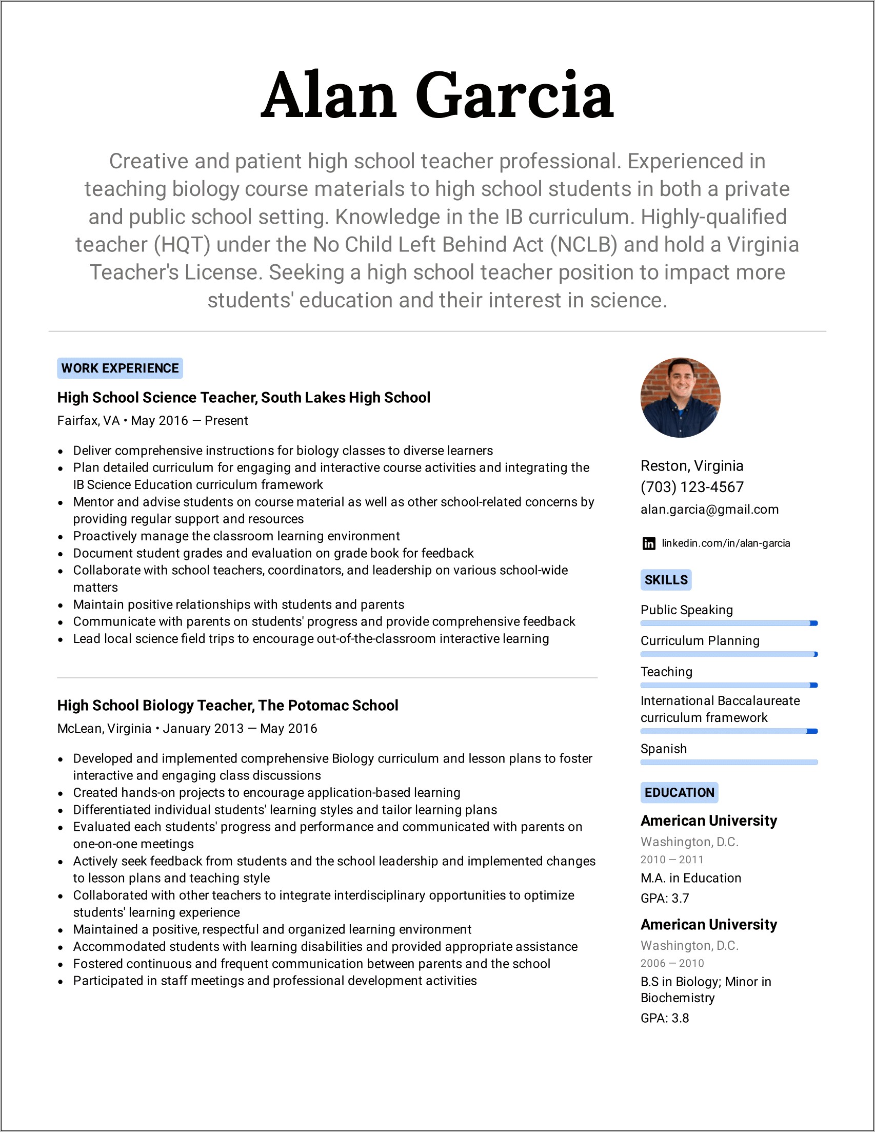 Resume Examples For High School Teachers