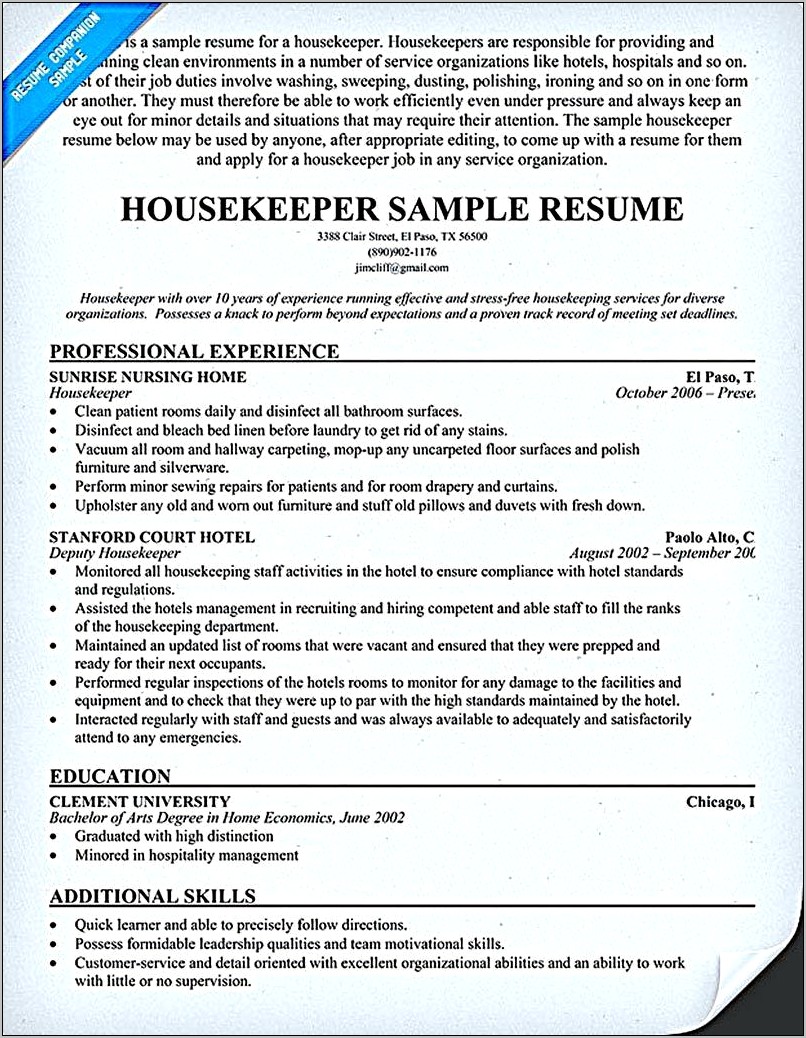 Resume Examples For Housekeeping At A Hospital