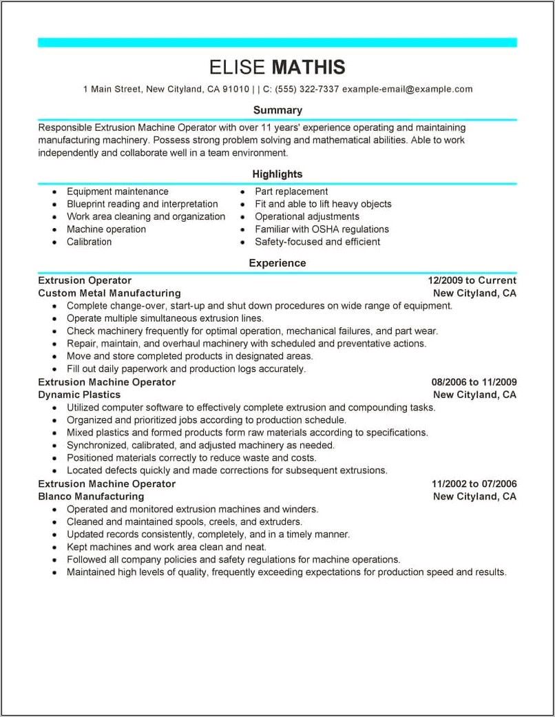 Resume Examples For Machine Technician