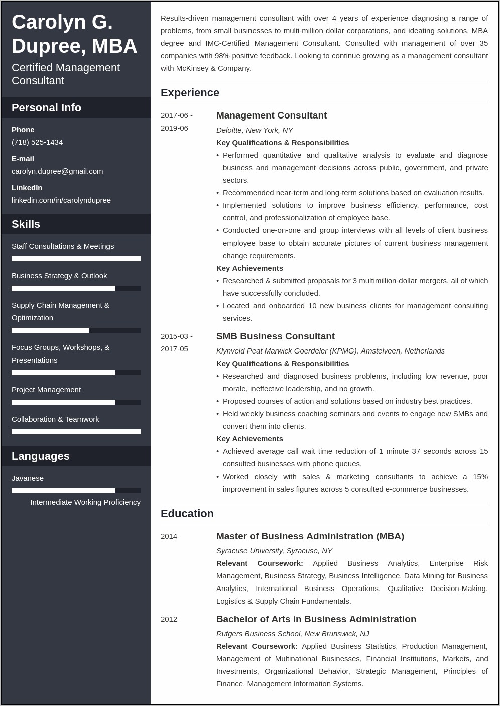 Resume Examples For Management Consulting
