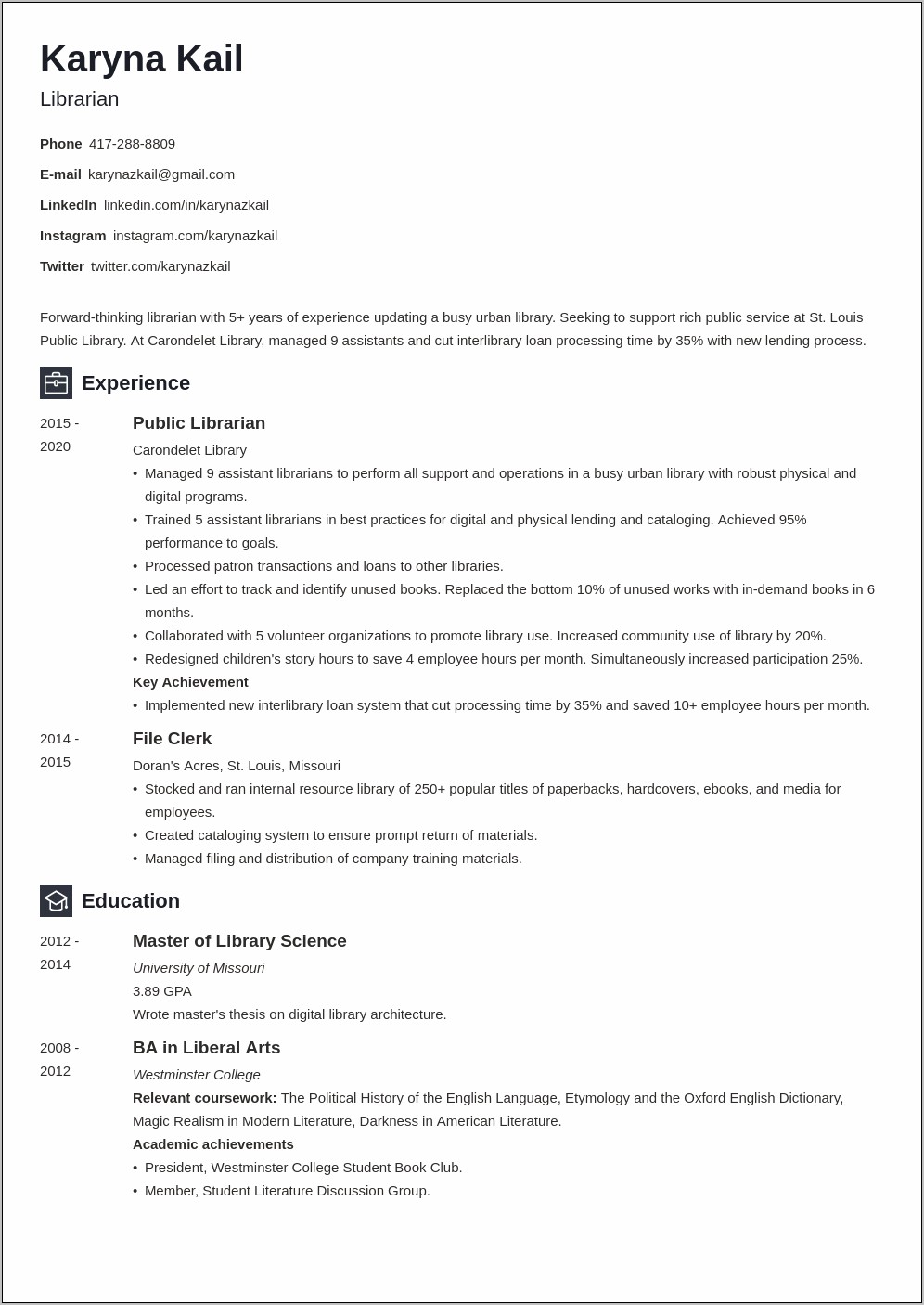 Resume Examples For Master Of Library Science