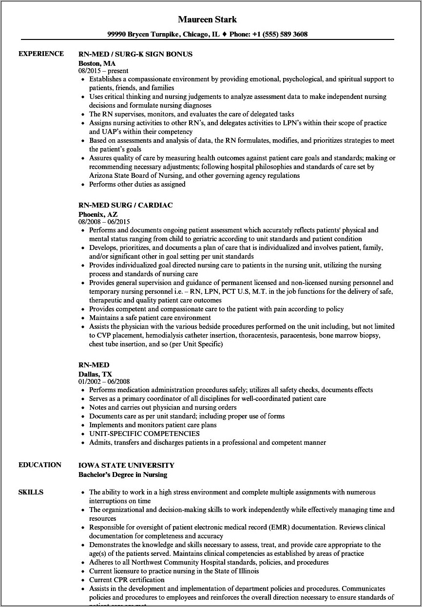 Resume Examples For Med Surg Nurse