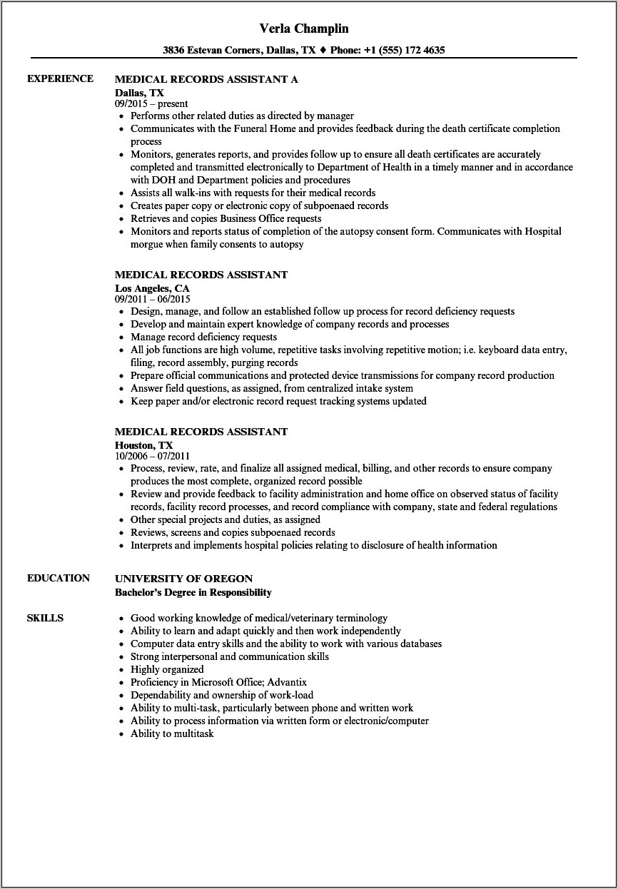 Resume Examples For Medical Records Assistant