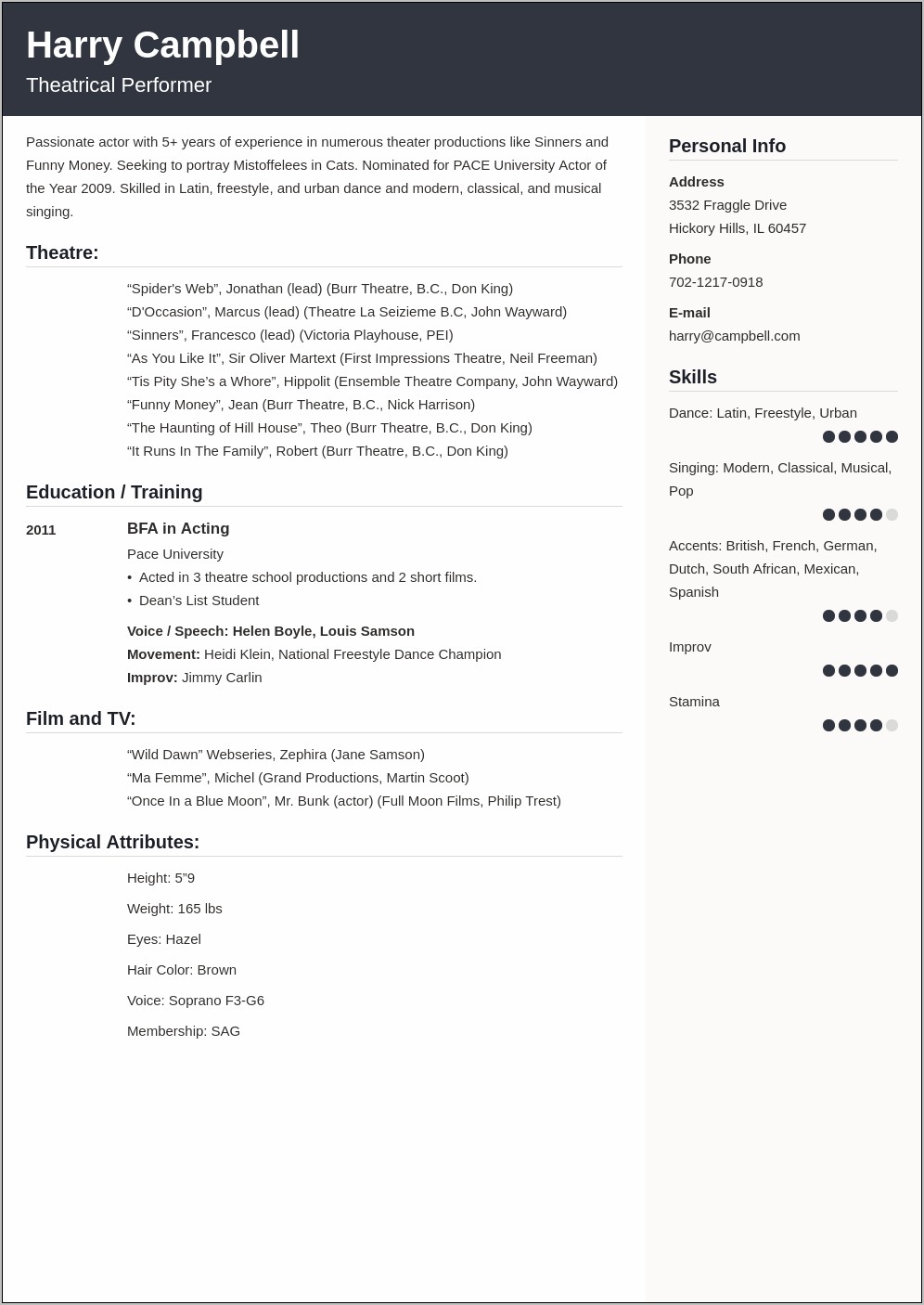 Resume Examples For Musical Theatre Colleges