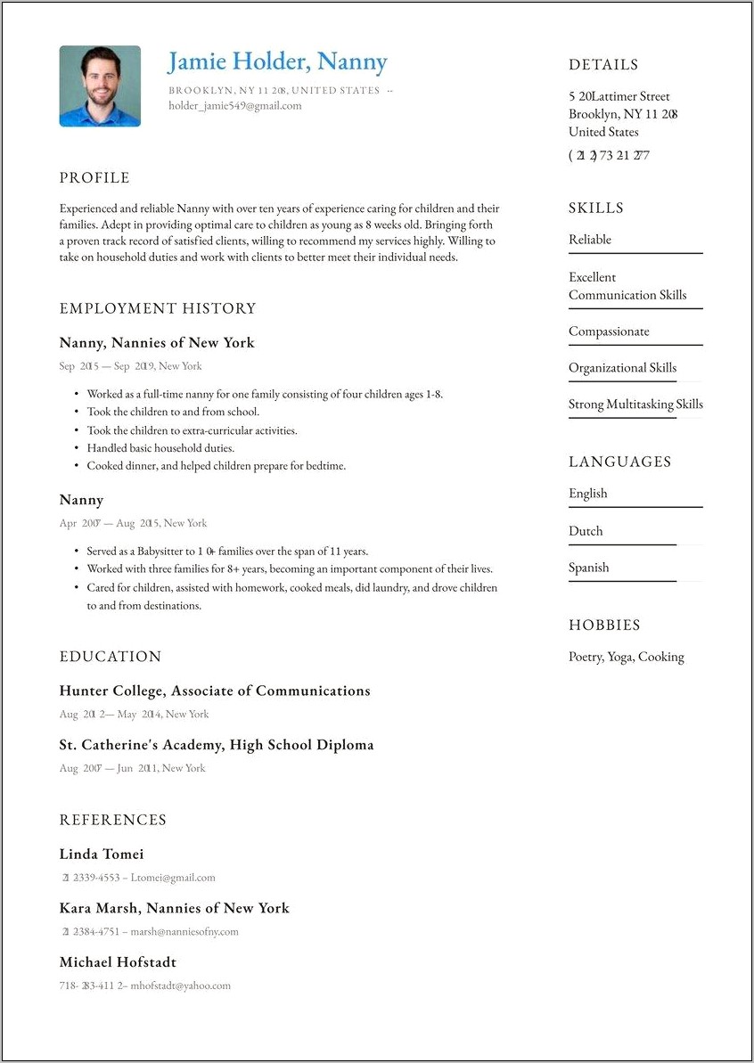 Resume Examples For Nanny Position