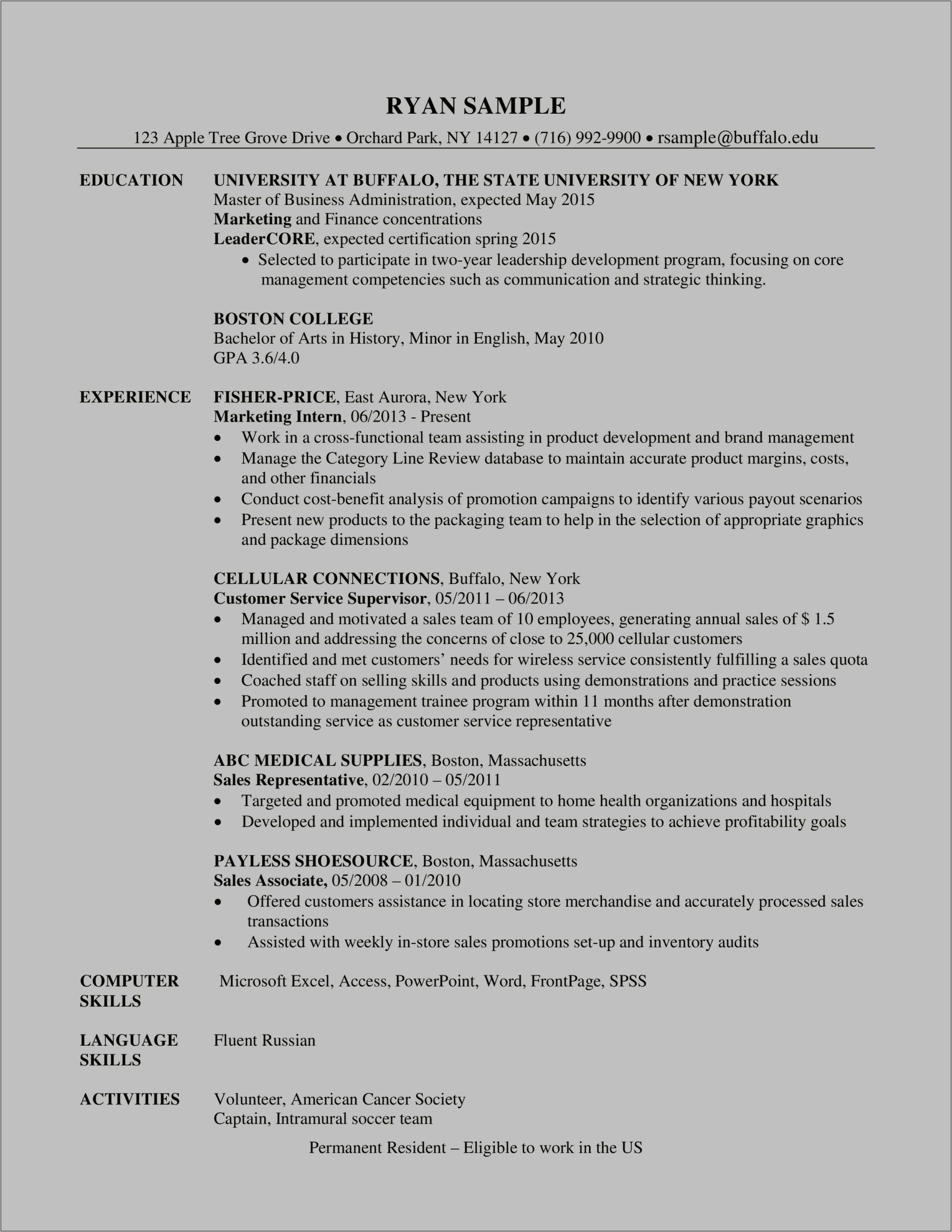 Resume Examples For Newly Graduates From Mba